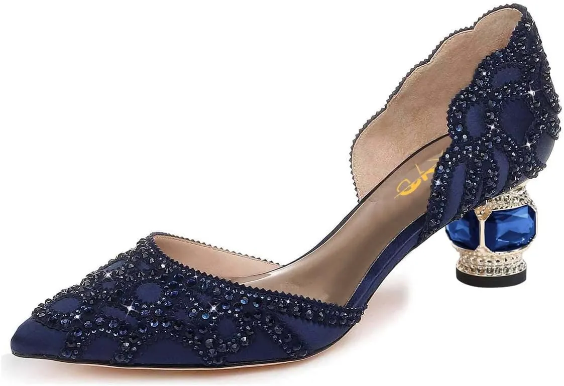 XYD Women's Pumps, Elegant Pointed Toe, D'Orsay Crystal Chunky Low Heels 2 Inches, Rhinestone Studs, Slip-On Satin Shoes for Wedding