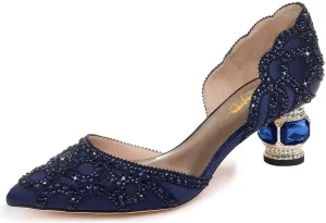 XYD Women's Pumps, Elegant Pointed Toe, D'Orsay Crystal Chunky Low Heels 2 Inches, Rhinestone Studs, Slip-On Satin Shoes for Wedding