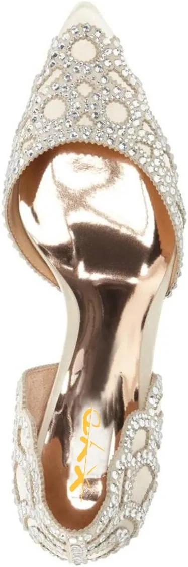 XYD Women's Pumps, Elegant Pointed Toe, D'Orsay Kitten Low Heels, Rhinestone Studs, Slip-On Satin Shoes for Wedding