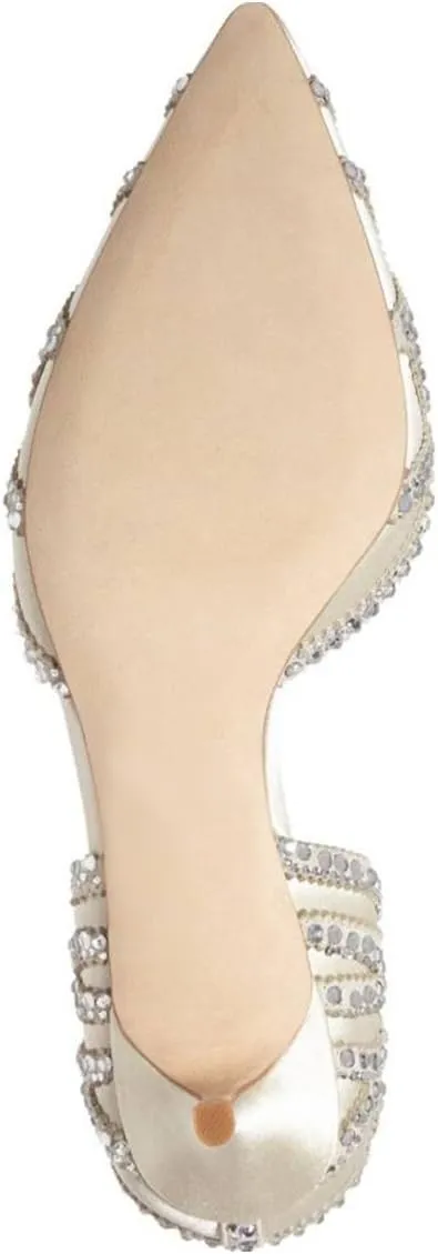 XYD Women's Pumps, Elegant Pointed Toe, D'Orsay Kitten Low Heels, Rhinestone Studs, Slip-On Satin Shoes for Wedding