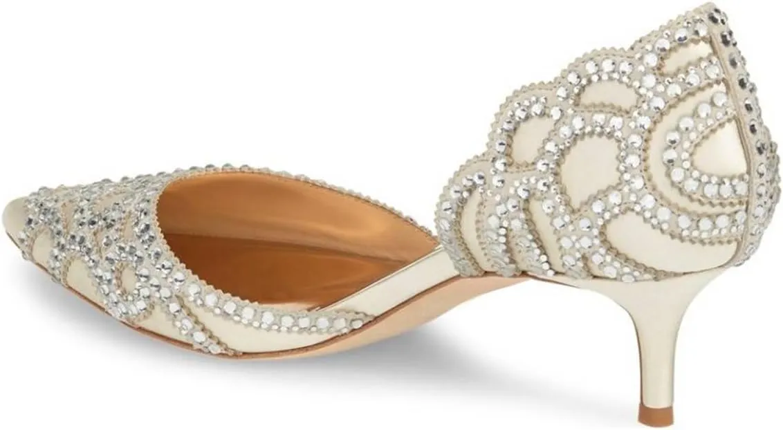 XYD Women's Pumps, Elegant Pointed Toe, D'Orsay Kitten Low Heels, Rhinestone Studs, Slip-On Satin Shoes for Wedding