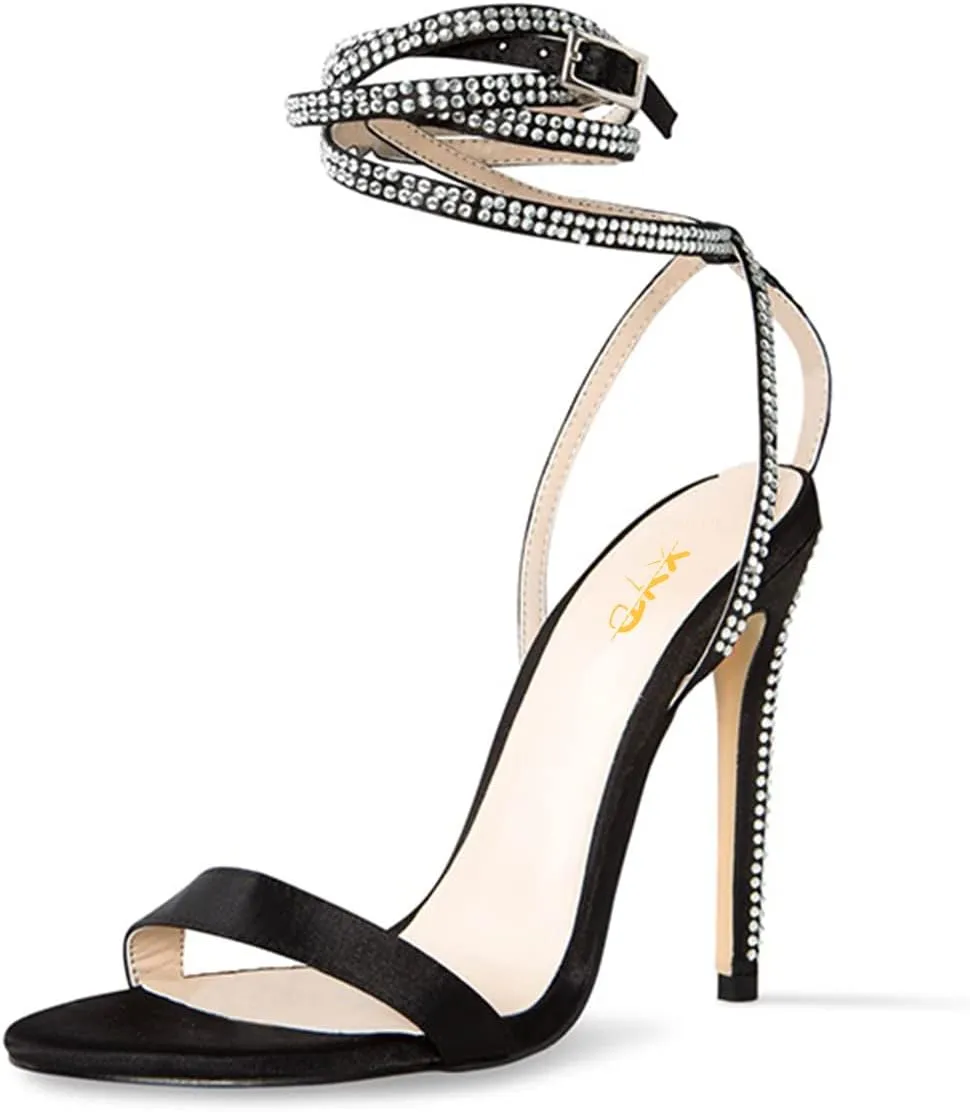 XYD Women's Summer Open Toe Spiral Ankle Wrap with Rhinestones Studded Buckle Stiletto Heels Sandals Wedding Dress Elegant Shoes
