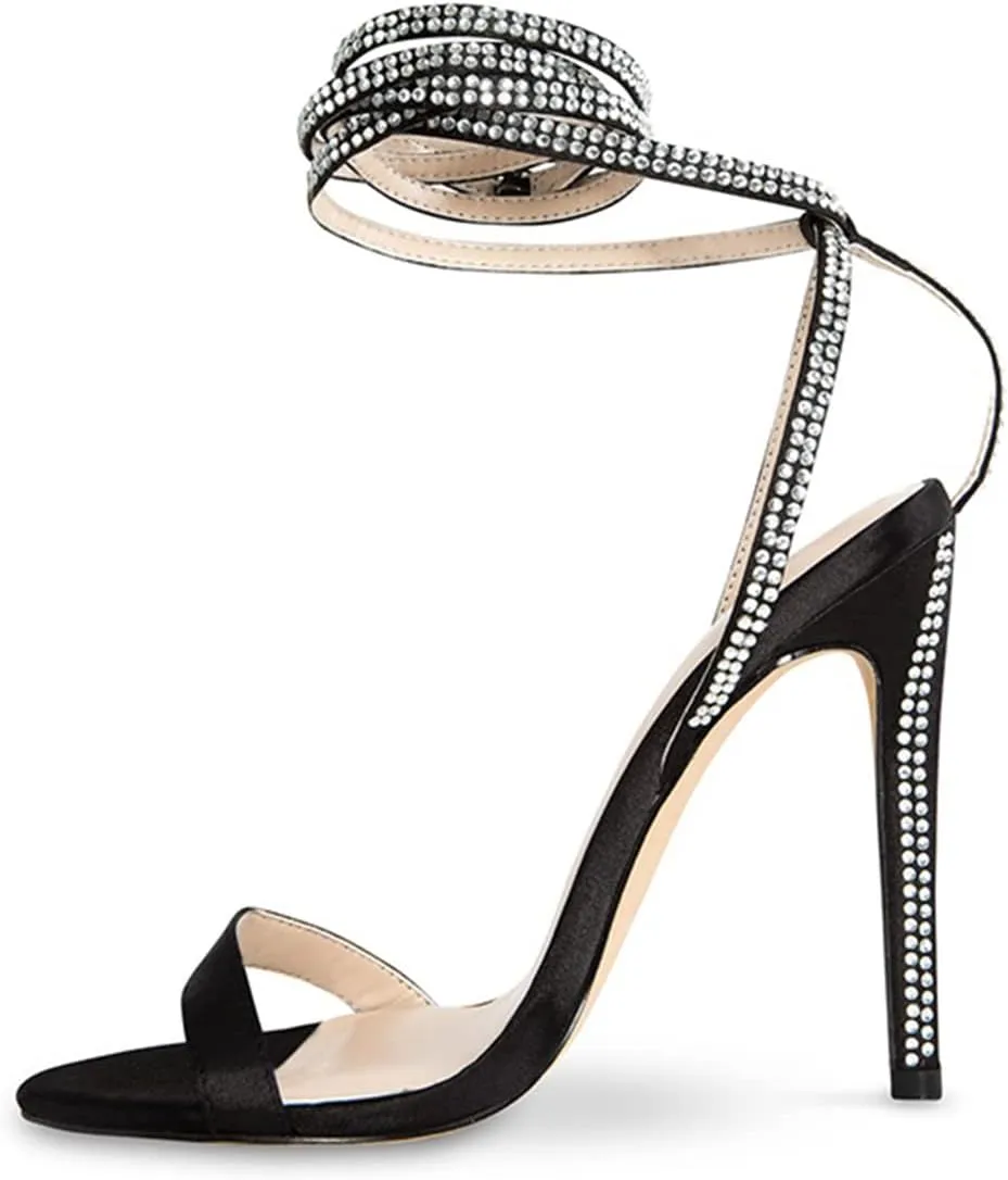 XYD Women's Summer Open Toe Spiral Ankle Wrap with Rhinestones Studded Buckle Stiletto Heels Sandals Wedding Dress Elegant Shoes