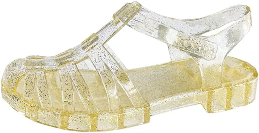 Yehopere Women's Jelly Sandals Retro T-Strap Glitter Flats Summer Beach Water Rain Shoes