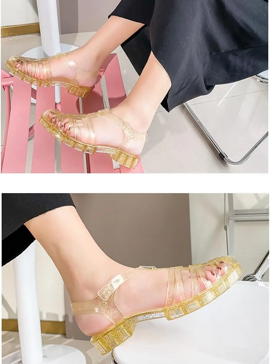 Yehopere Women's Jelly Sandals Retro T-Strap Glitter Flats Summer Beach Water Rain Shoes