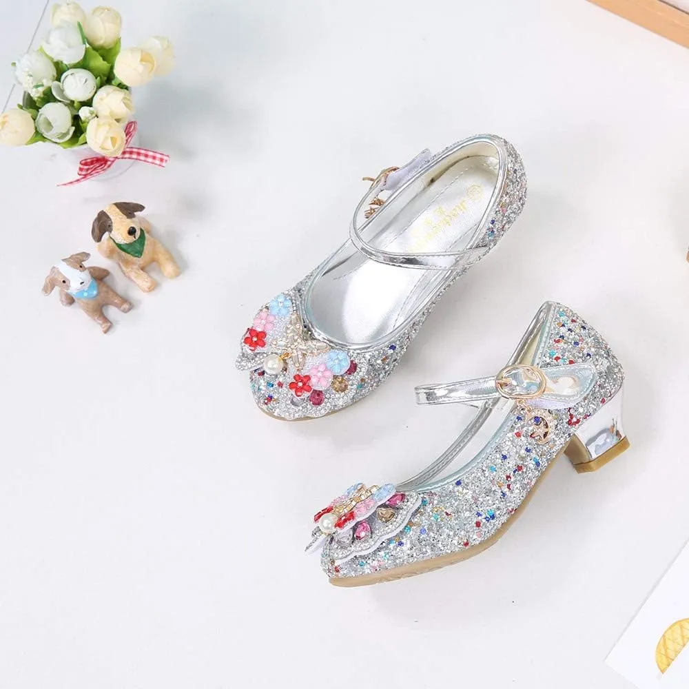 YING LAN Girls Cosplay Dress Wedding Party Shoes Glitter Sequins Low Heel Mary Jane Princess Shoes
