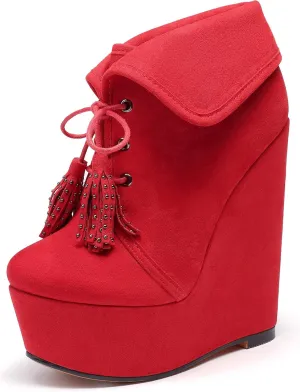YODEKS Women's Lace Up Round Toe Wedge Boots Platform High Heel Ankle Booties Elegant Party Dress Boot