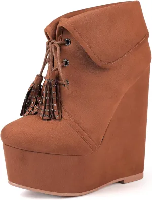 YODEKS Women's Lace Up Round Toe Wedge Boots Platform High Heel Ankle Booties Elegant Party Dress Boot