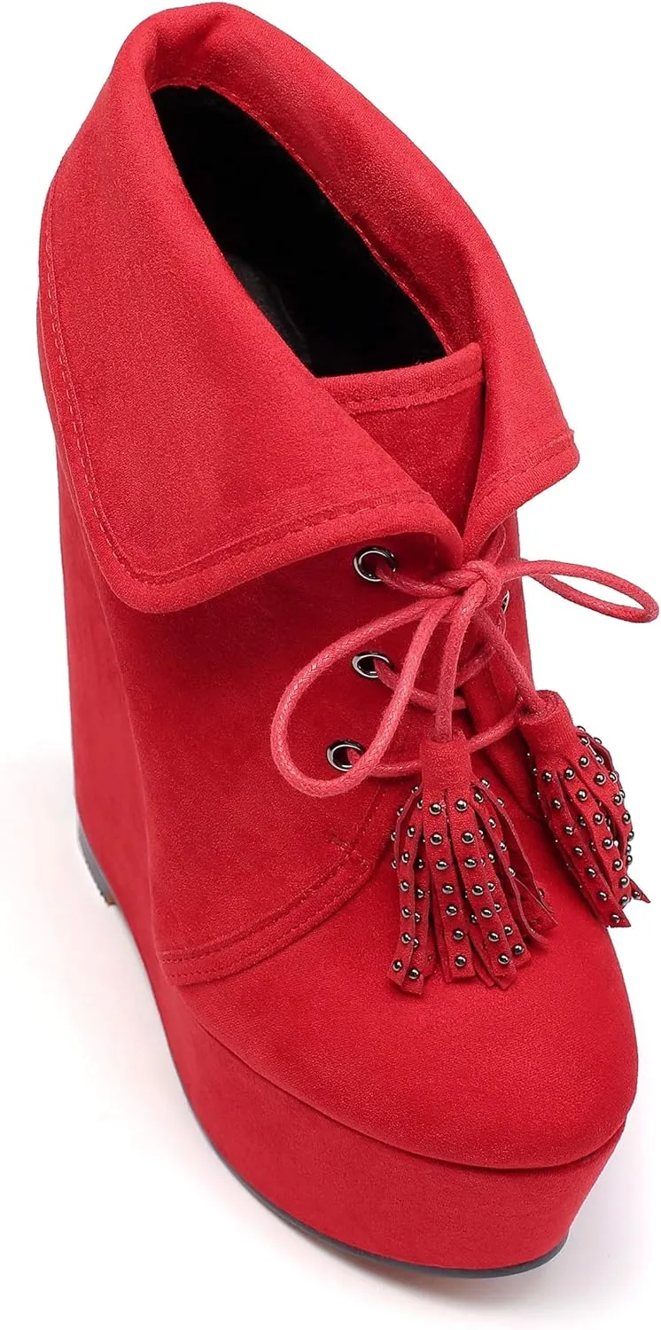 YODEKS Women's Lace Up Round Toe Wedge Boots Platform High Heel Ankle Booties Elegant Party Dress Boot