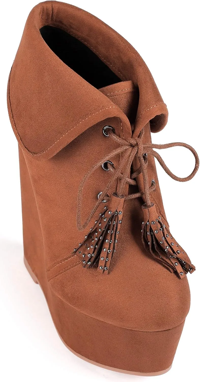 YODEKS Women's Lace Up Round Toe Wedge Boots Platform High Heel Ankle Booties Elegant Party Dress Boot