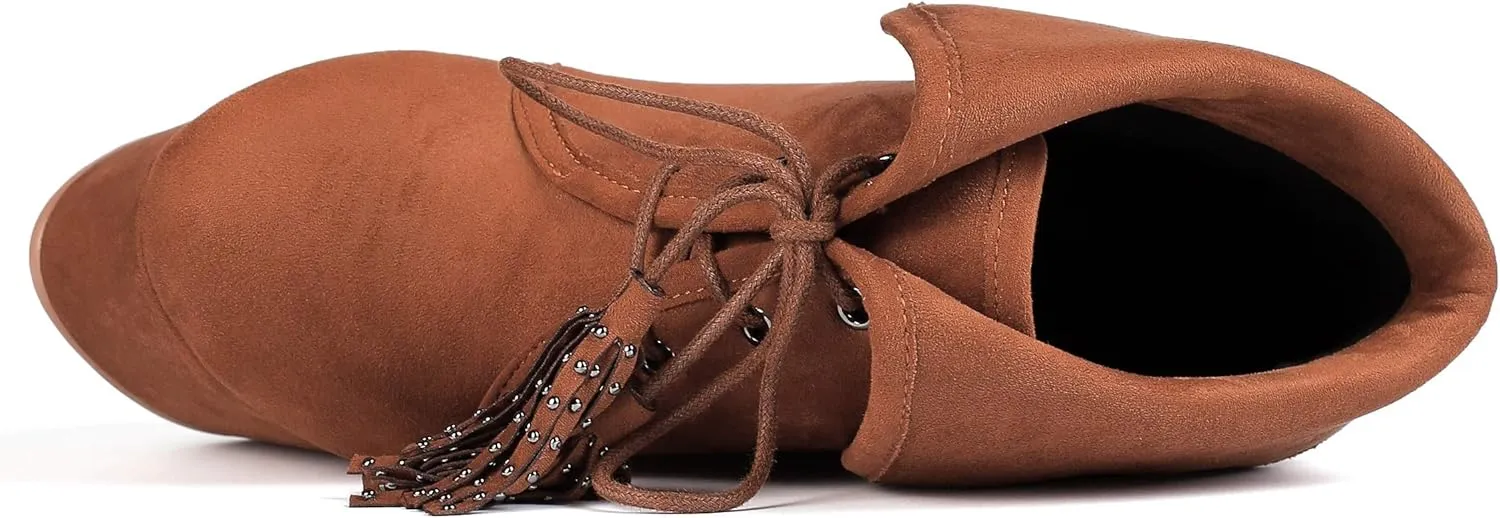 YODEKS Women's Lace Up Round Toe Wedge Boots Platform High Heel Ankle Booties Elegant Party Dress Boot