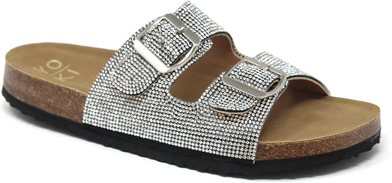 YOKI GIAN-107 Women's Slide Sandal, Rhinestone-Coated Double Buckle, Comfortable Sandals for women