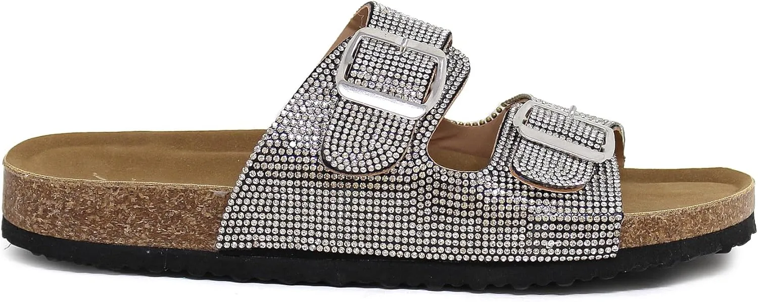 YOKI GIAN-107 Women's Slide Sandal, Rhinestone-Coated Double Buckle, Comfortable Sandals for women
