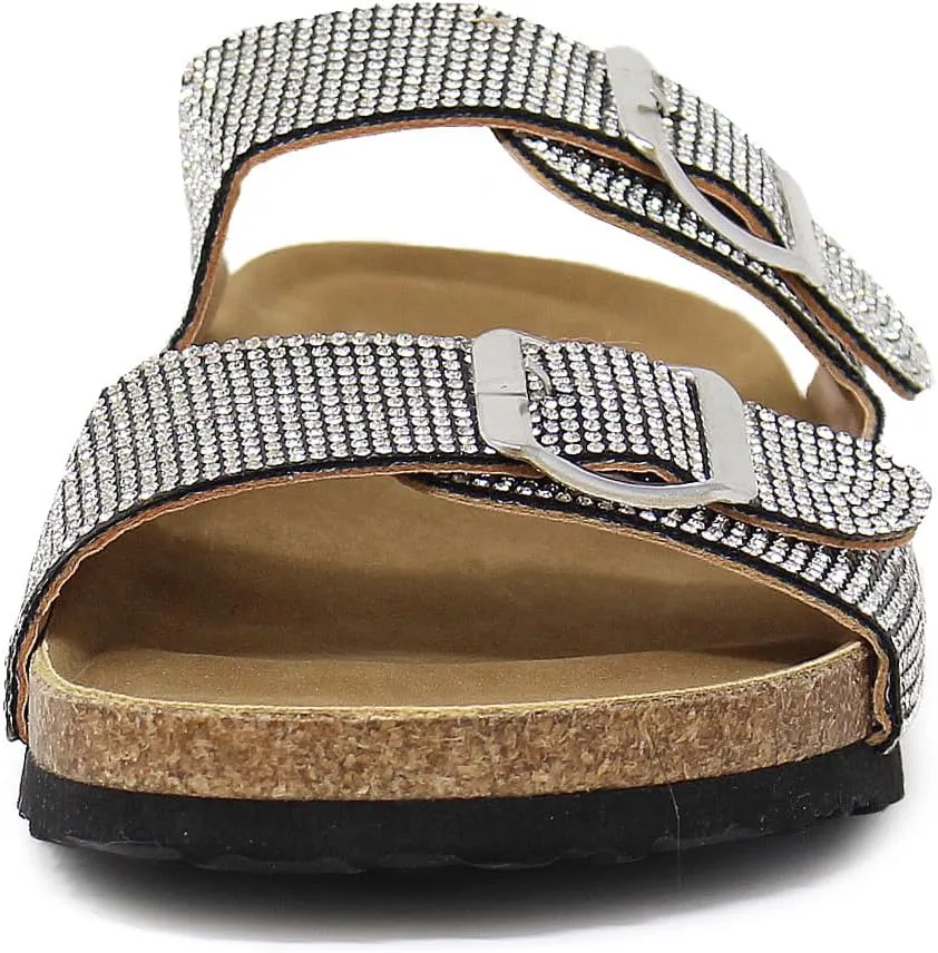 YOKI GIAN-107 Women's Slide Sandal, Rhinestone-Coated Double Buckle, Comfortable Sandals for women