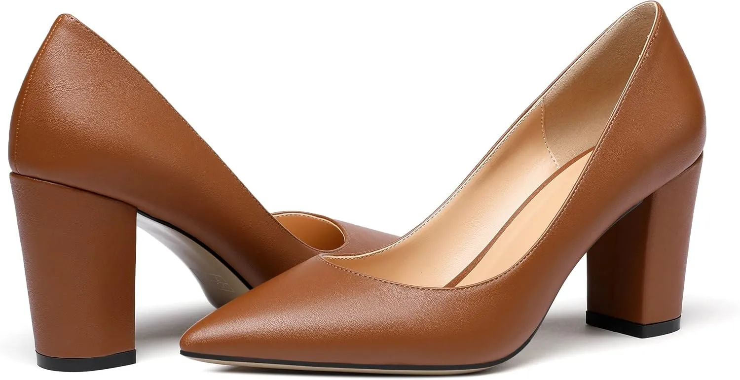 Zamikoo Women's Chunky Heel Pumps Pointy Toe Slip On Classic High Heel Shoes 3.35 Inches