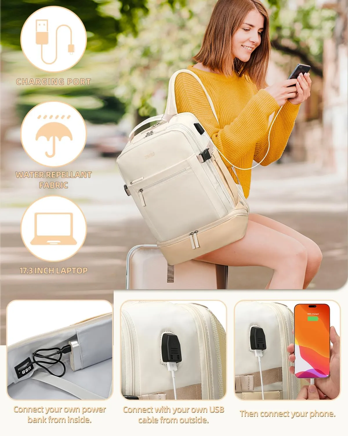 ZOMFELT Travel Backpack for Women, Flight Approved Carry on Backpack with Shoes Compartment & Wet Pocket, Water Resistant 17inch Laptop Bag with USB Charging Port for College Weekender Hiking Trip